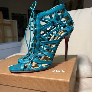 CHRISTIAN LOUBOUTIN Teal Leather Laurence Anyway Caged Booties Heels
